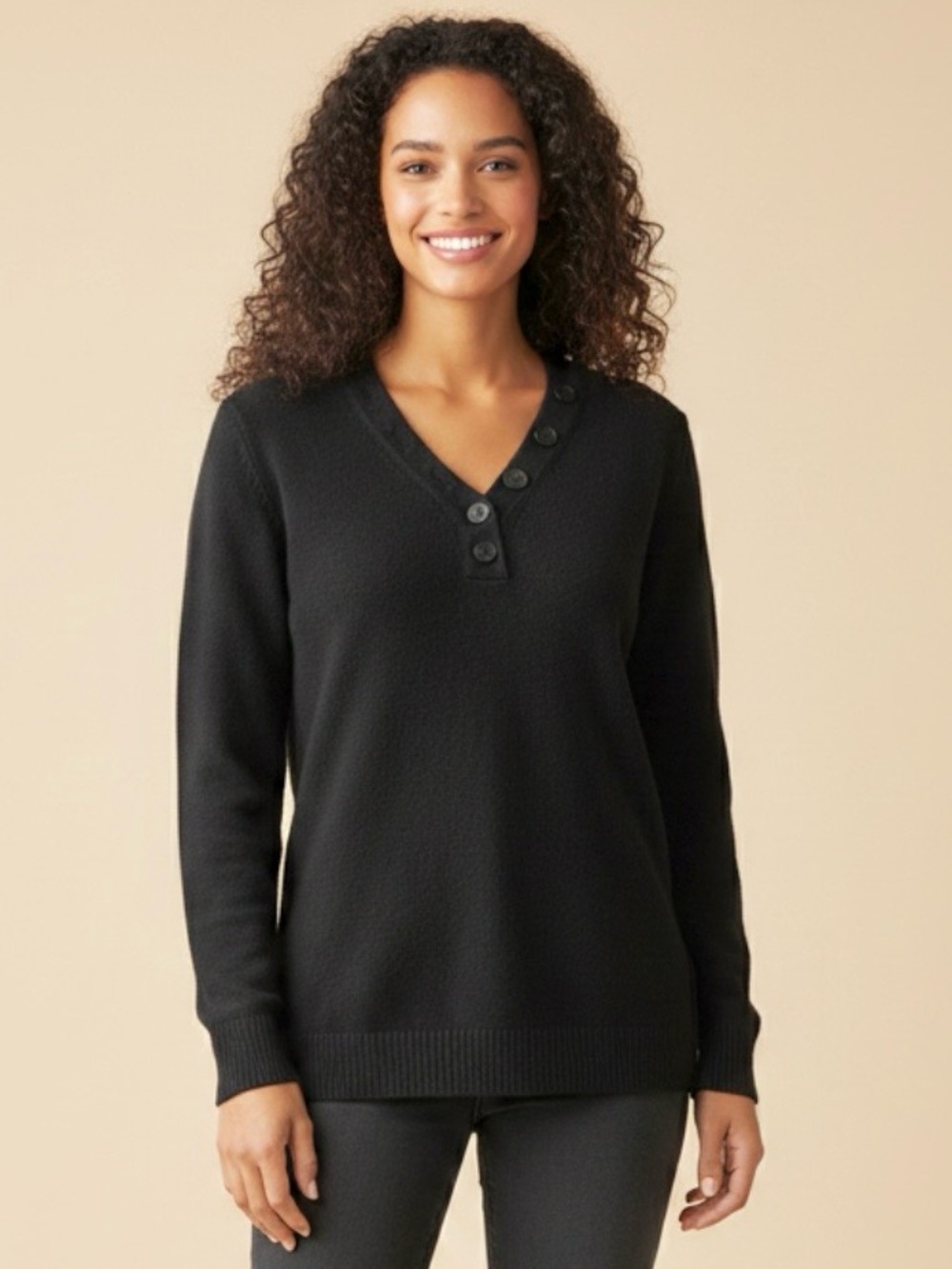 Anthropologie Serena V-Neck Tunic Button-up Long Sleeve Sweater, Black, Size S